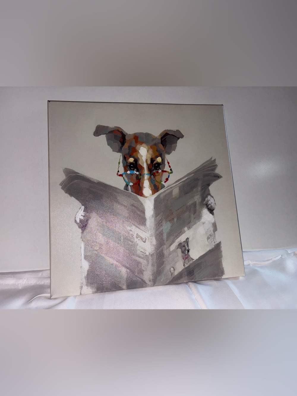 Whimsical Dog Reading Newspaper Canvas Wall Art - Multicolor 16x16